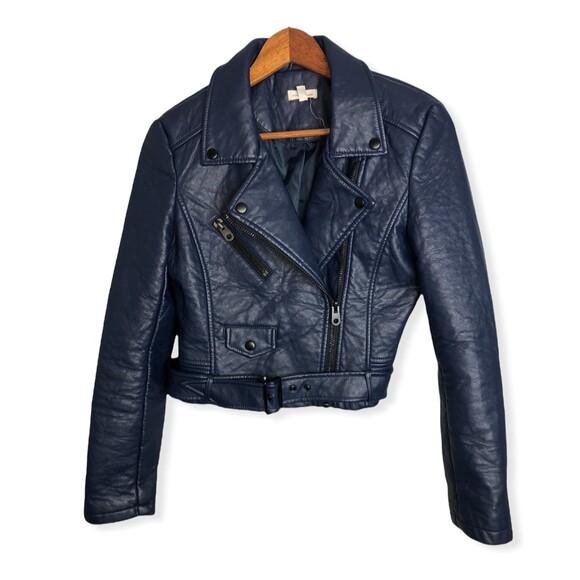 Silence+Noise Eva Vegan Leather Pebbled Moto Jacket in Navy Blue - Picture 2 of 7